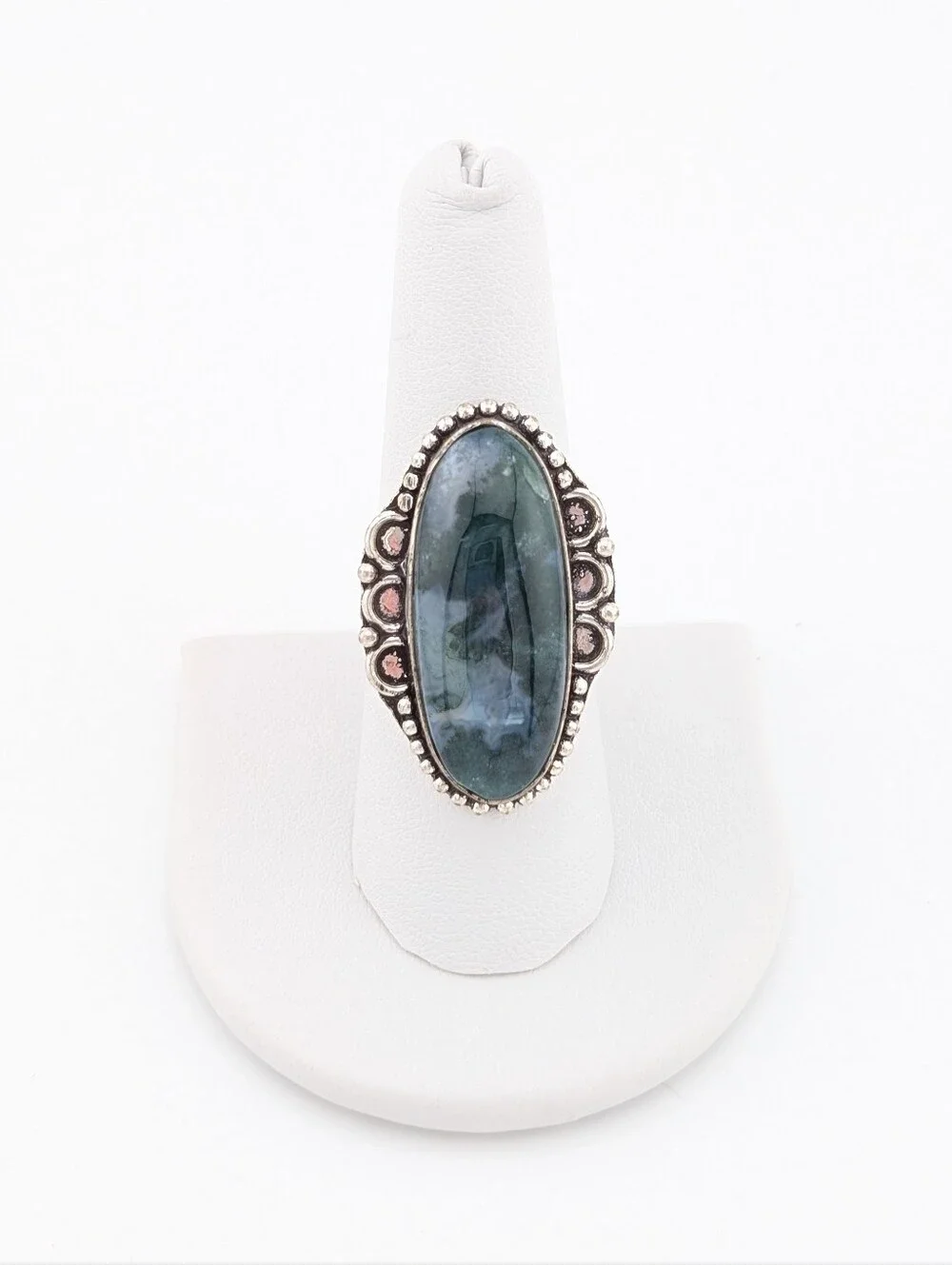 Moss Agate Oval Silver Statement Ring - Bohemian Jewelry - 8.5 - L